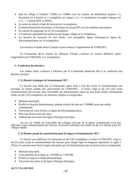 Cahier des charges de l'Appel d'Offres nÂ° CLG001/2010 - ONE