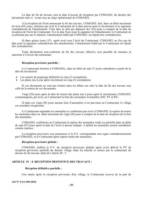 Cahier des charges de l'Appel d'Offres nÂ° CLG001/2010 - ONE