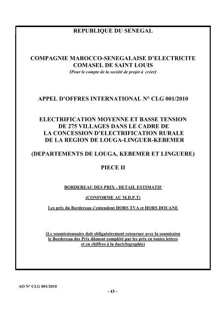 Cahier des charges de l'Appel d'Offres nÂ° CLG001/2010 - ONE