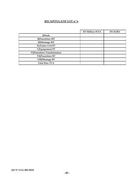 Cahier des charges de l'Appel d'Offres nÂ° CLG001/2010 - ONE