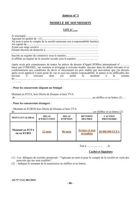 Cahier des charges de l'Appel d'Offres nÂ° CLG001/2010 - ONE