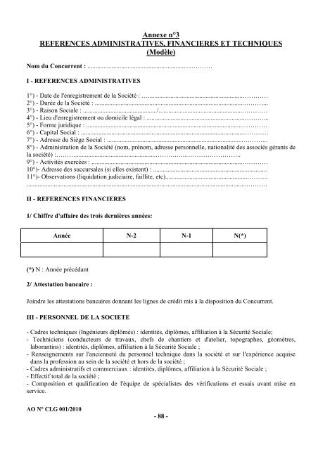 Cahier des charges de l'Appel d'Offres nÂ° CLG001/2010 - ONE