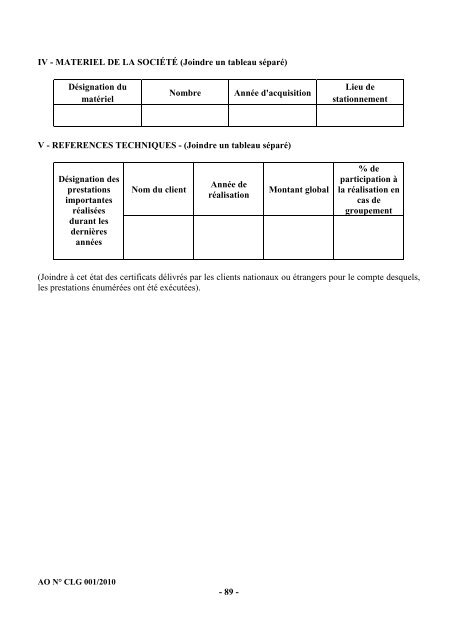 Cahier des charges de l'Appel d'Offres nÂ° CLG001/2010 - ONE