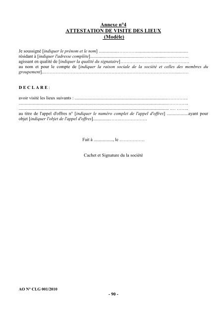 Cahier des charges de l'Appel d'Offres nÂ° CLG001/2010 - ONE