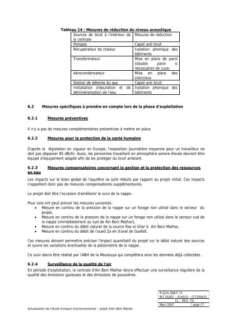 Rapport d'actualisation de l'EIE de Ain beni mathar- VD - ONE