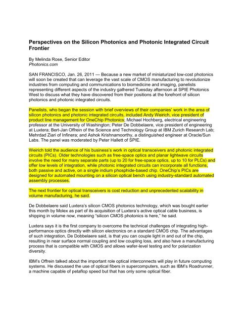 Perspectives on the Silicon Photonics and Photonic Integrated ...