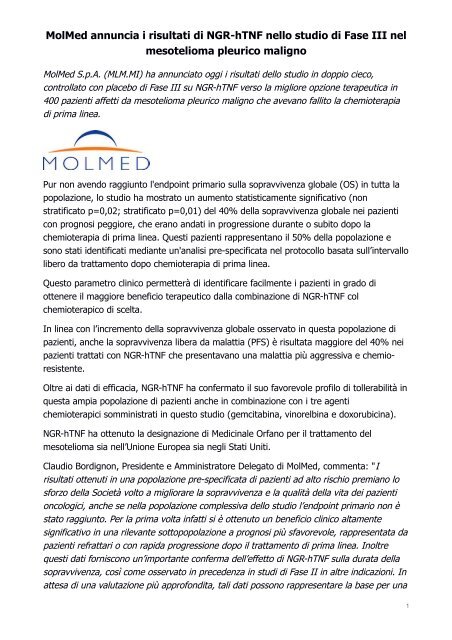 MolMed annuncia i risultati di NGR-hTNF nello studio di Fase III nel mesotelioma pleurico maligno