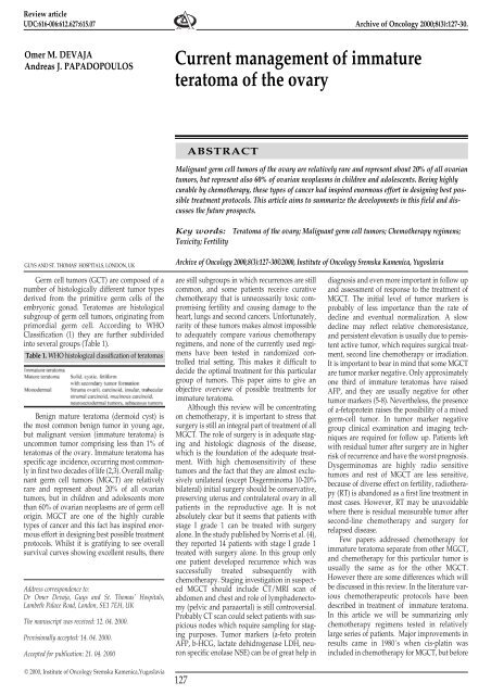 Current management of immature teratoma of the ovary