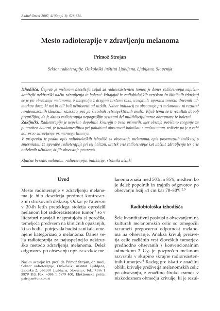 Mesto radioterapije v zdravljenju melanoma (.pdf ... - Onkološki inštitut
