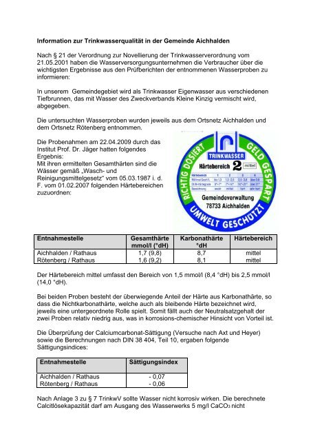 Information zur TrinkwasserqualitÃ¤t in der Gemeinde Aichhalden ...