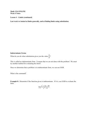 Math 1314 ONLINE Week 4 Notes Lesson 4 â Limits (continued ...