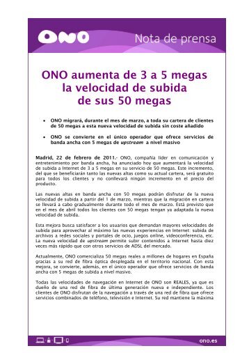 NdP ONO aumenta de 3 a 5 megas la velocidad de subida de sus ...