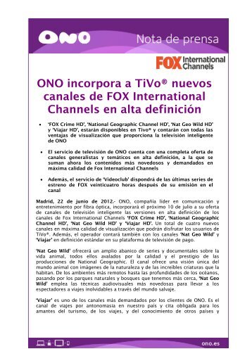 ONO incorpora a TiVoÂ® nuevos canales de FOX International ...