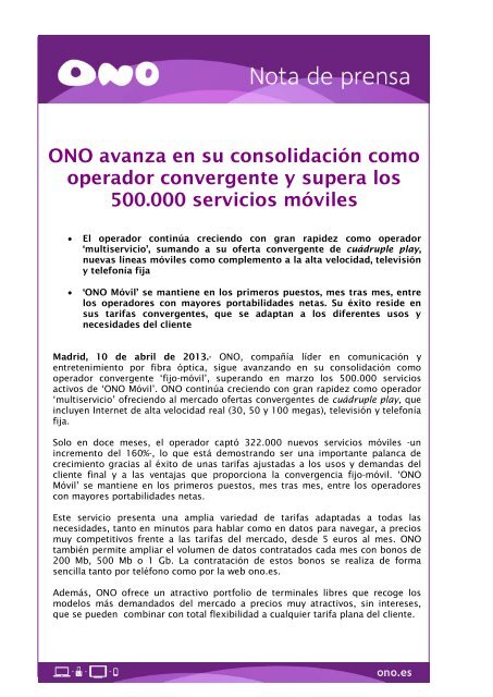 ONO avanza en su consolidaciÃ³n como operador convergente y ...