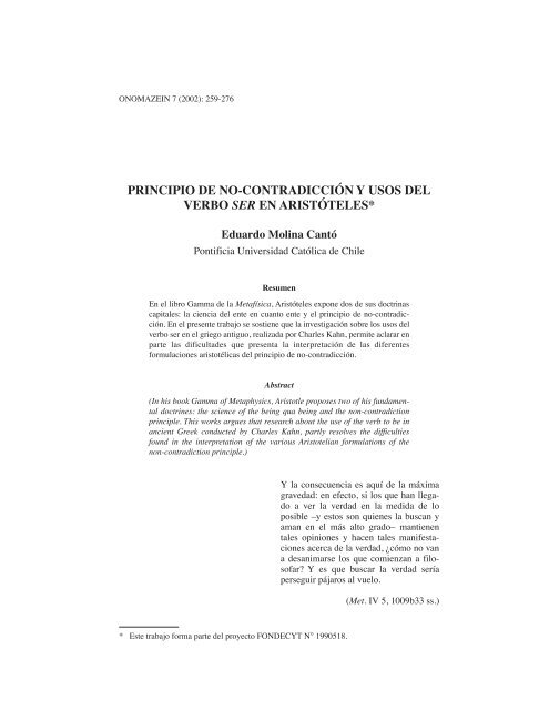 Principio de no contradicciÃ³n y usos del verbo ser en ... - OnomÃ¡zein