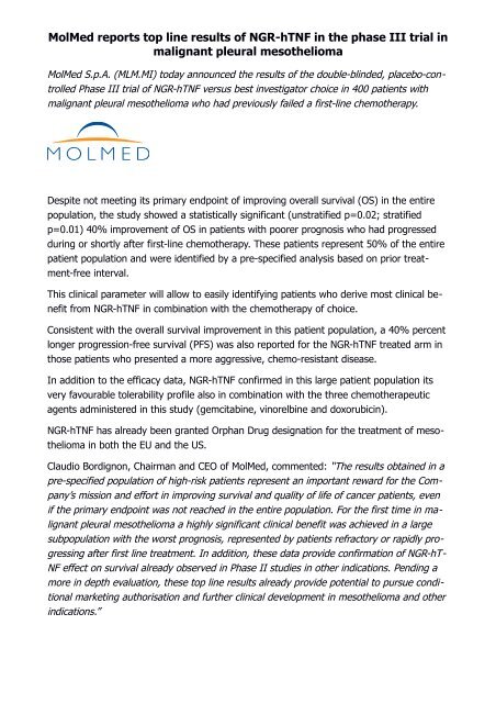 MolMed reports top line results of NGR-hTNF in the phase III trial in malignant pleural mesothelioma