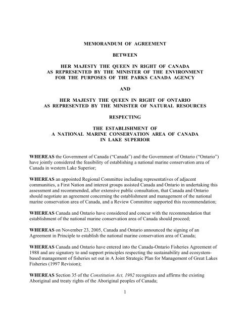 1 MEMORANDUM OF AGREEMENT BETWEEN ... - Ontario Parks