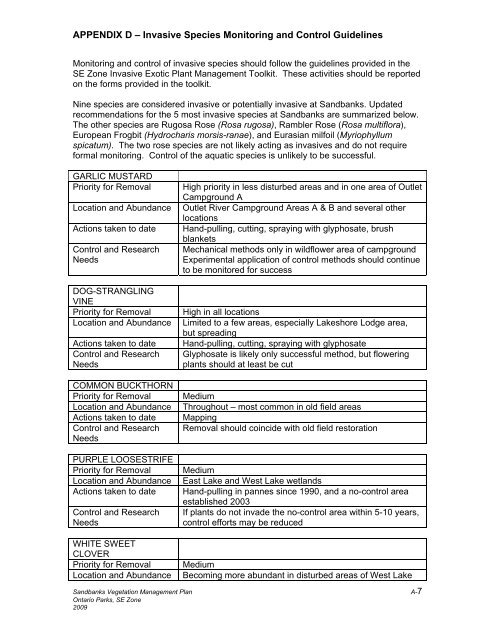 Sandbanks Draft Veg Mgmt Plan - Ontario Parks