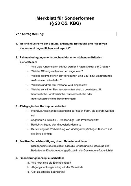 Merkblatt für Sonderformen - Kindernet