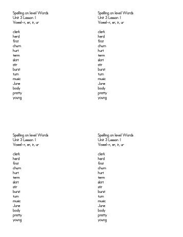 Spelling on level Words Unit 3 Lesson 1 Vowel-r, er, ir, ur clerk herd ...