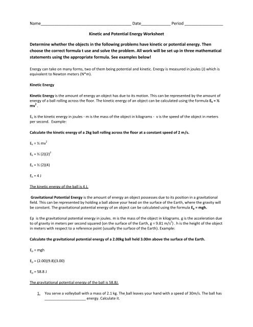 Solving Kinetic And Potential Energy Problems Using The Formulas