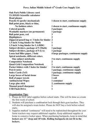 Percy Julian Middle School- 6th Grade Supply List - Oak Park ...
