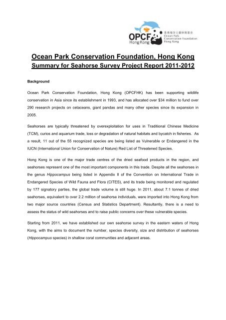 Summary of OPCFHK Seahorse Survey Project Report (2011-2012)