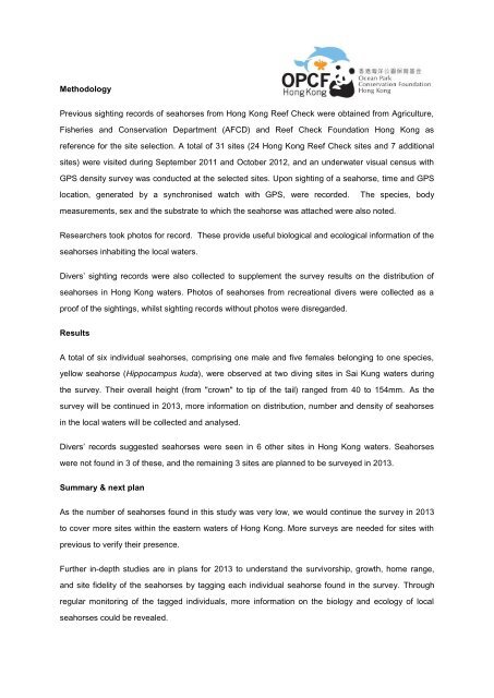 Summary of OPCFHK Seahorse Survey Project Report (2011-2012)