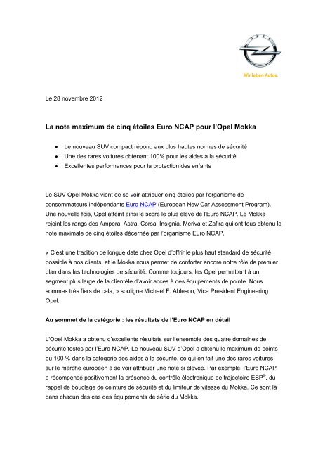 La note maximum de cinq Ã©toiles Euro NCAP pour l'Opel Mokka