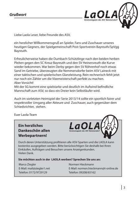 LaOLA - Das Vereinsmagazin des ASV Nemmersdorf - Ausgabe 12 vom 11.5.2014