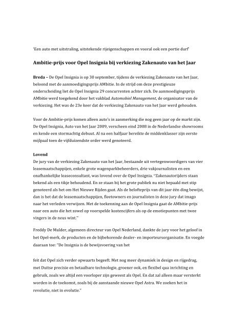 Ambitieprijs voor Opel Insignia bij verkiezing ... - Opel Nederland