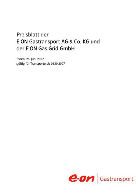 Preisblatt der E.ON Gastransport und der E.ON Gas Grid GmbH