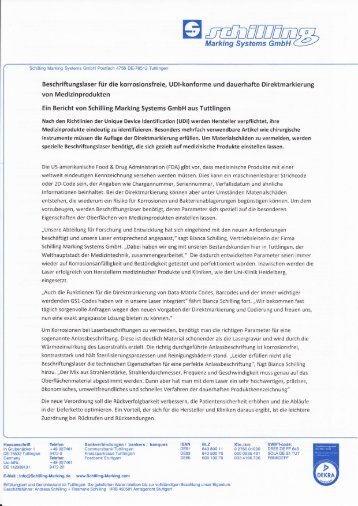 Beschriftungslaser für die korrosionsfreie, UDI-konforme und dauerhafte Direktmarkierung von Medizinprodukten. Ein Bericht von Schilling Marking Systems GmbH aus Tuttlingen