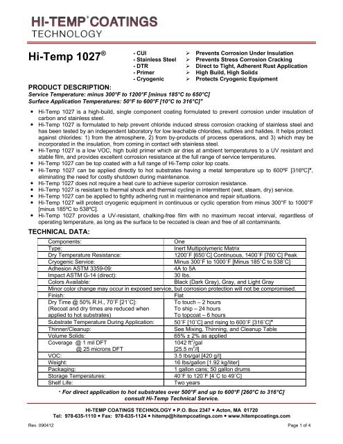 Technical Data Sheet - Hi-Temp Coatings