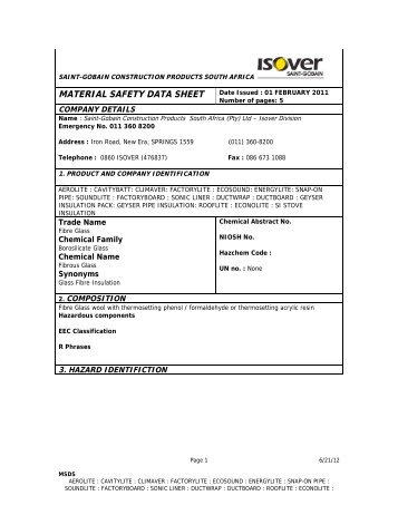 MATERIAL SAFETY DATA SHEET - Isover