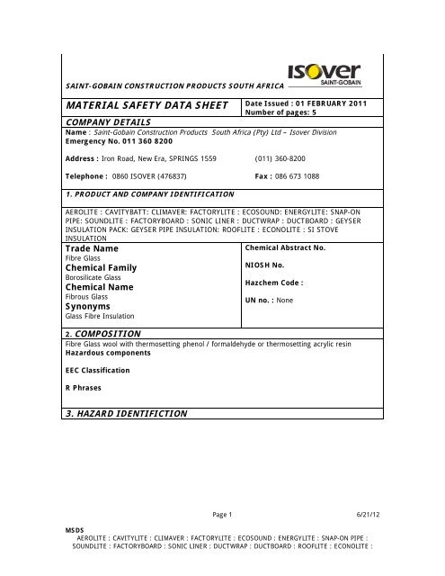 Material Safety Data Sheet Isover