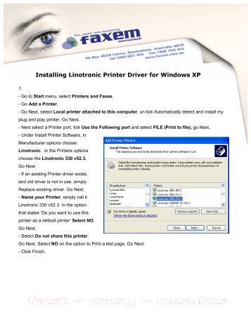 Installing Linotronic Printer Driver for Windows XP - Faxem