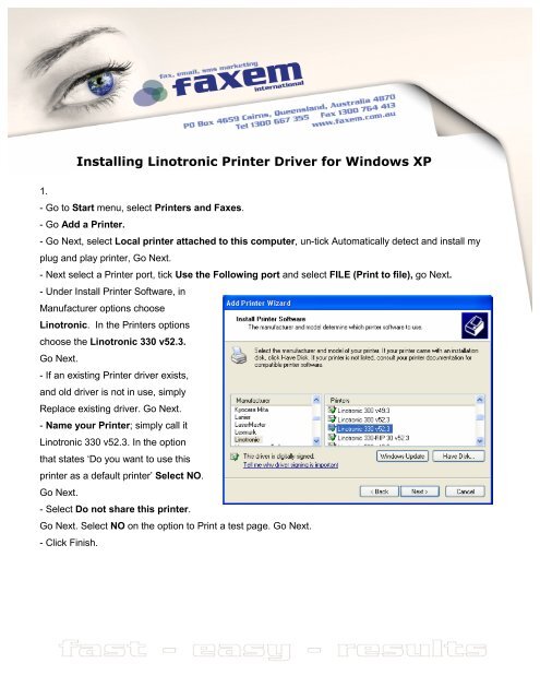 Installing Linotronic Printer Driver for Windows XP - Faxem