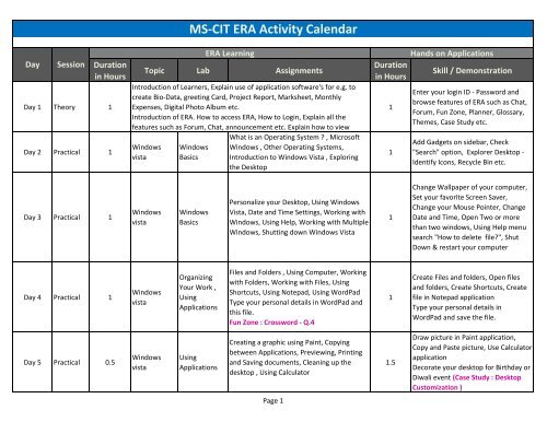 MS-CIT ERA Activity Calendar - MKCL