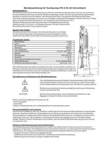 Betriebsanleitung für Tauchpumpe PK-X-40 mit ... - AVAG-Pumpen