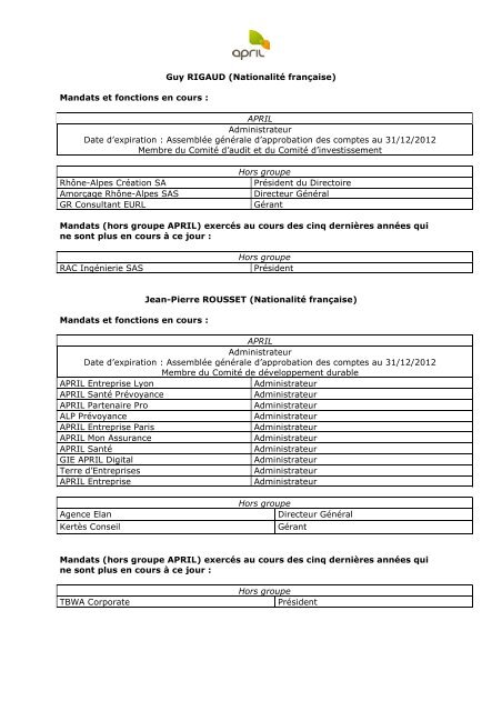 Liste des administrateurs et directeurs généraux avec fonction ... - April