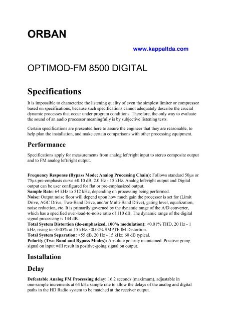 OPTIMOD-FM 8500 DIGITAL Specifications - Kappa Ltda