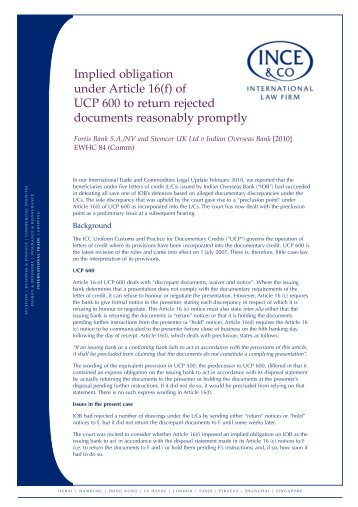 Implied obligation Under Article 16(f) of UCP 600 to ... - Ince & Co