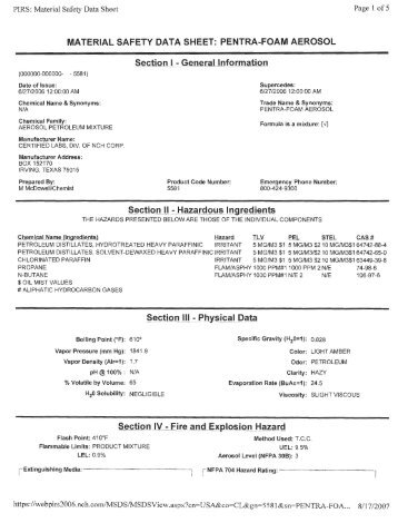 material safety data sheet: pentra-foam aerosol - Feldman Lumber