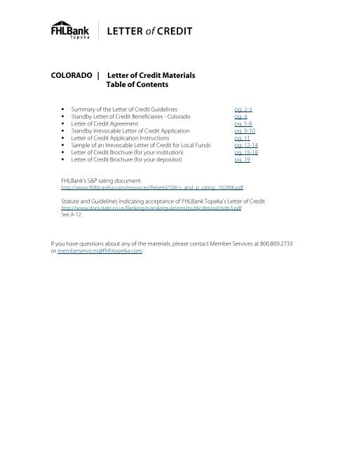 Colorado Letter Of Credit Materials Table Of Fhlbank Topeka