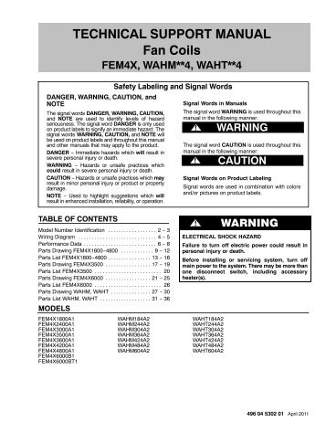 FEM4X R-410A Fan Coil Technical Support & Parts Lists