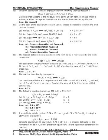 Chemical Equilibrium (Assignment) - Shailendra Kumar Chemistry