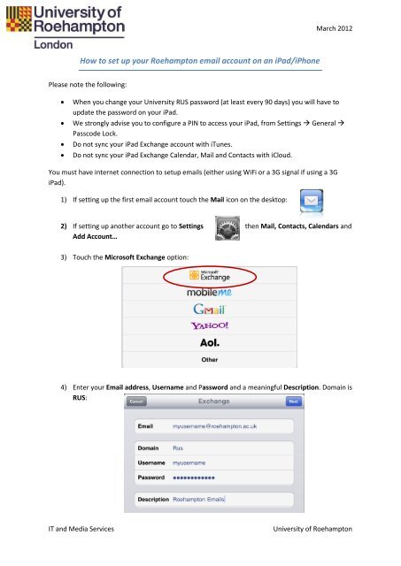 How to set up your Roehampton email account on an ... - StudentZone