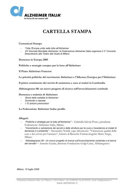 La cartella stampa 2008 - Alzheimer Italia