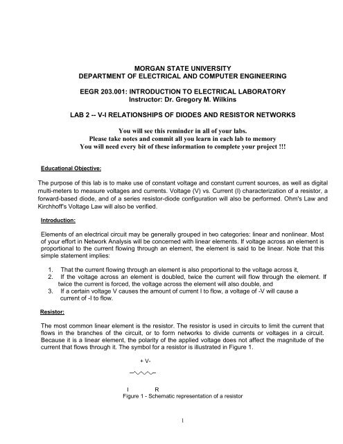 V-I Relationships of Diodes and Resistor Networks - Morgan State